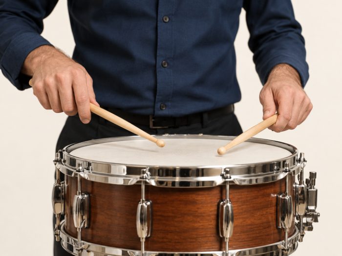 Manos con baquetas sobre un tambor de madera, detalle de percusión