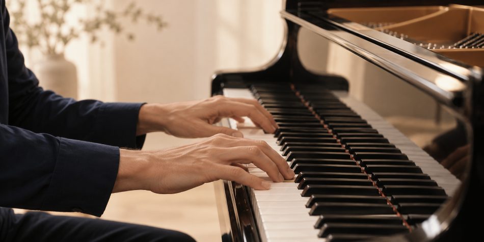 Manos sobre el teclado de un piano de cola, en una fotografía cálida