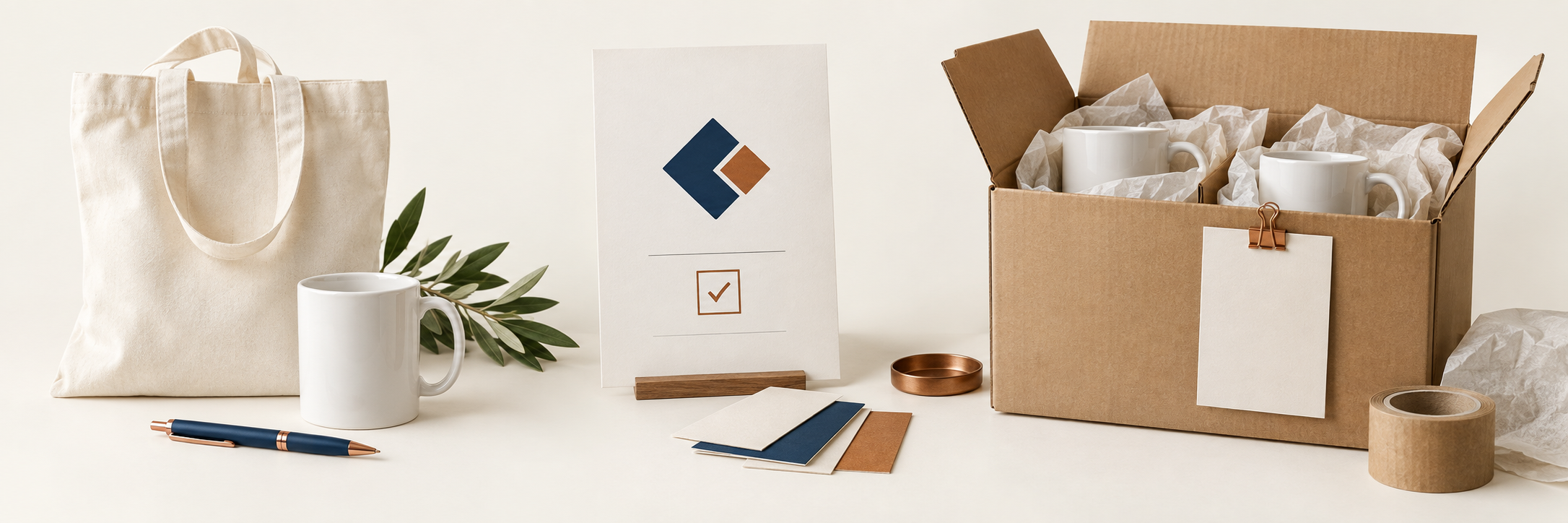 Bolsa y taza promocionales; prueba de diseño y aprobación; caja preparada para distribución